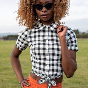 NWT Large Collectif Sammy Gingham Cropped Tie Shirt